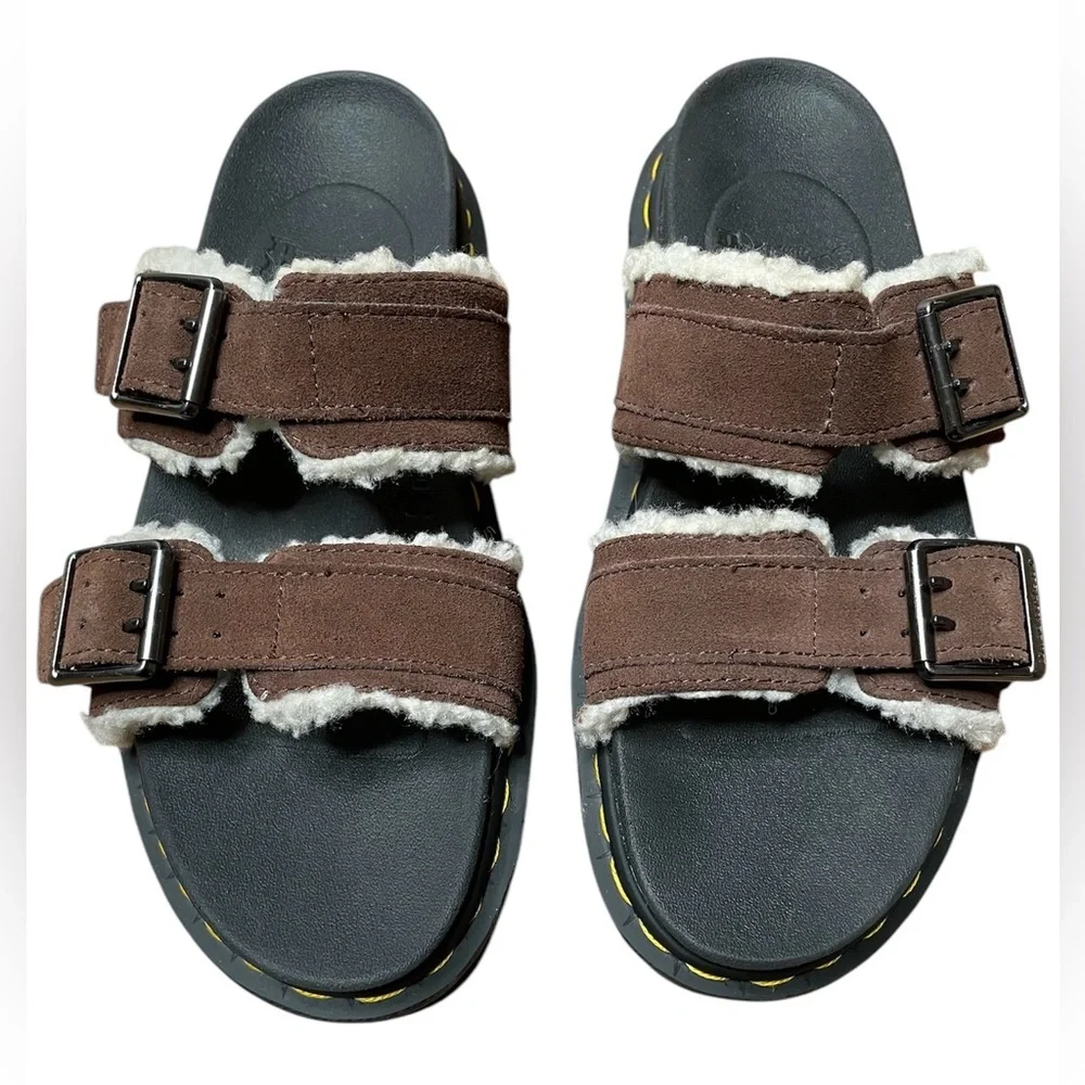 Dr. Martens Myles Suede Fur-Lined Buckle Slide Sandals Dark Brown Women’s Size 8 - Picture 6 of 10